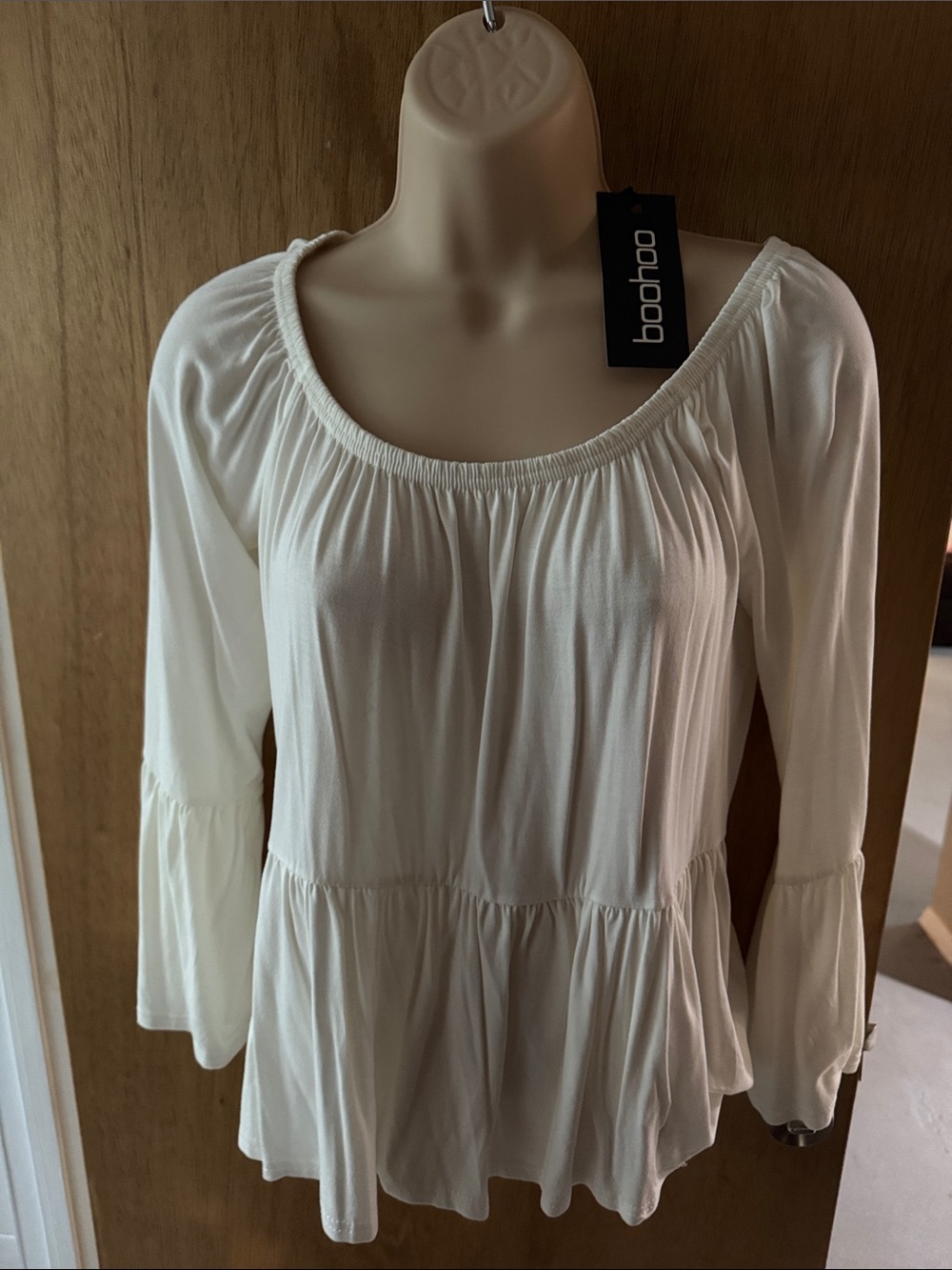 Boohoo White Tiered Ruffle Peasant Top